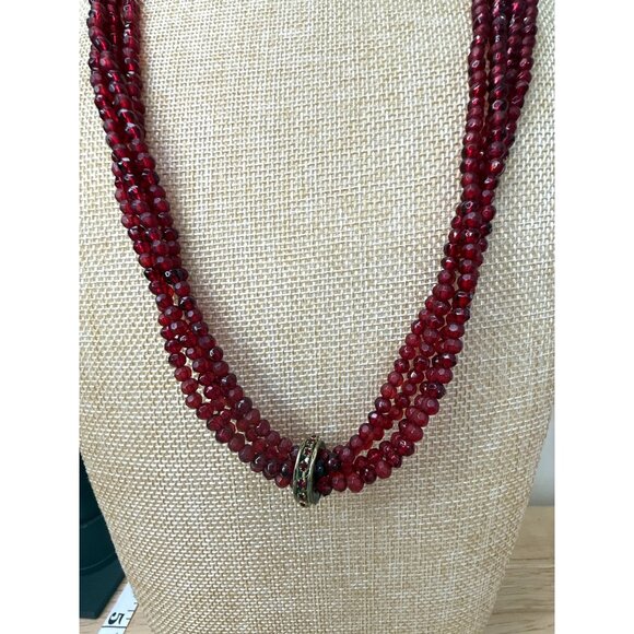 Coldwater Creek Multi-Strand Red Glass Beaded Necklace W/ Gold-Tone Rhinestone - Picture 1 of 15